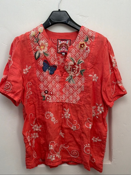 Johnny Was Tops - Johnny Was Coral Embroidered V-Neck Tunic with Butterfly Motif